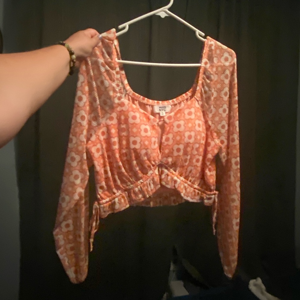 Orange floral crop top with sleeves